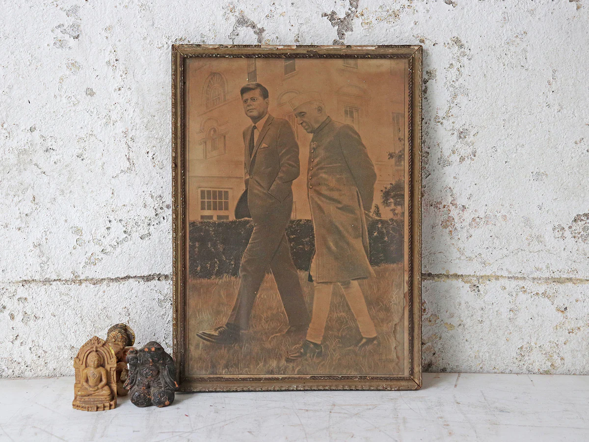 Old Vintage Indian Newspaper Print - Nehru and Kennedy